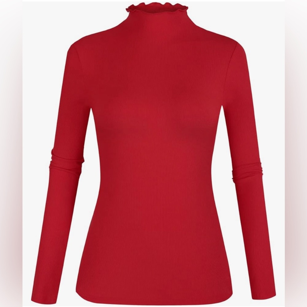 Women's Red Lettuce Trim Mock Neck Long Sleeve Slim Fit Ribbed Knit Tee Shirt